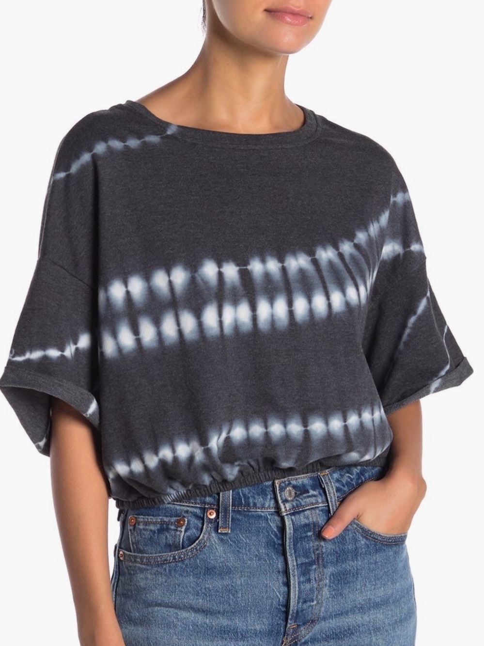 Abound Tie Dye Crop Top Medium Gray Blue Dolman Sleeve Elastic Hem Tee